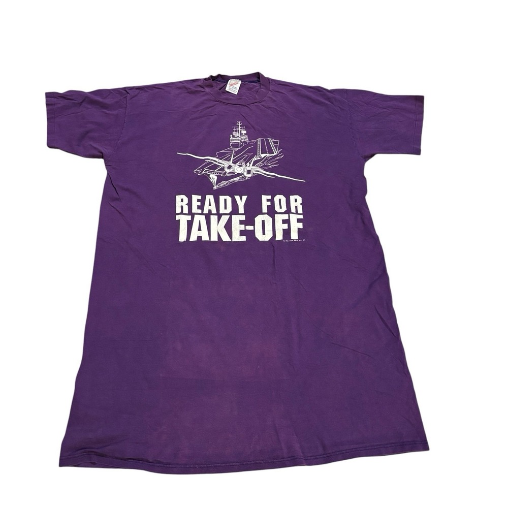 Jerzees Graphic Tee Ready For Takeoff Purple One‎ Size Military 90s Vtg USA